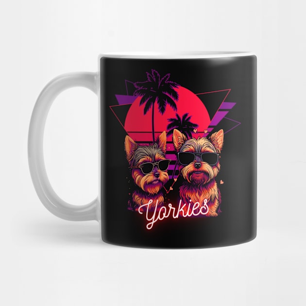 Yorkie's With Sunglasses and Retro Palm Tree Sunset by Trip Tank